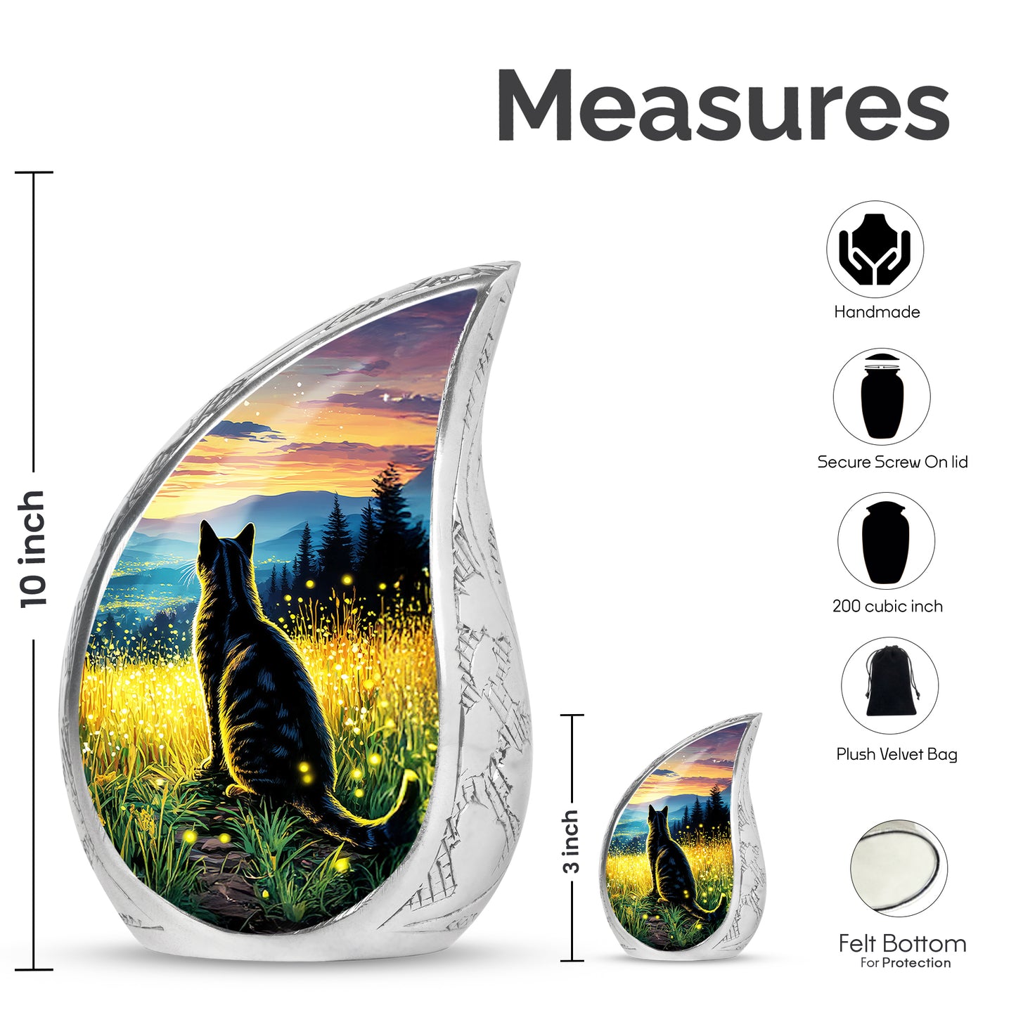 Matte Gold Cat Cremation Urn angled view of lid and engraved motif - smooth teardrop contour featuring cat art - mini keepsake memorial for portion of cremation ashes