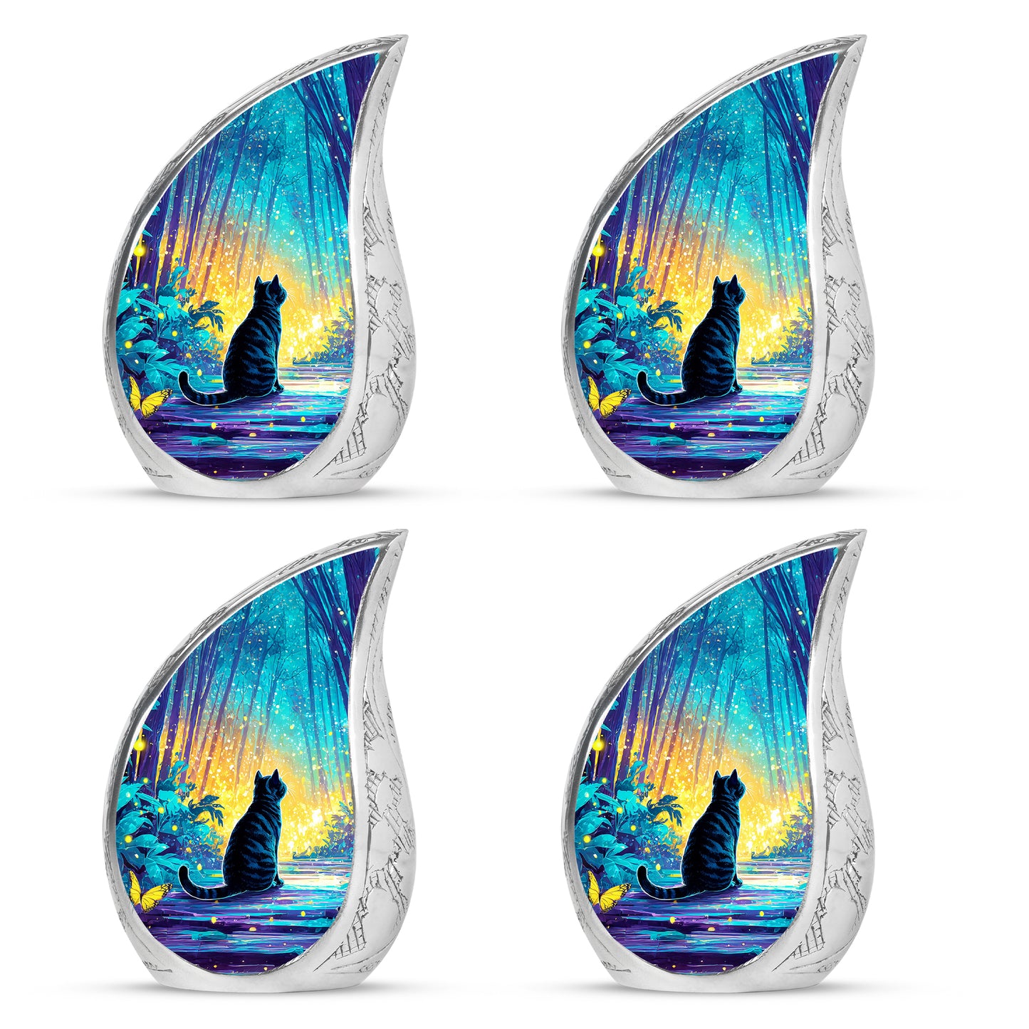 Vivid Teal Cat Cremation Urn close-up of engraving and surface detail - smooth teardrop contour featuring cat art - 10 inch aluminum urn for cremated remains