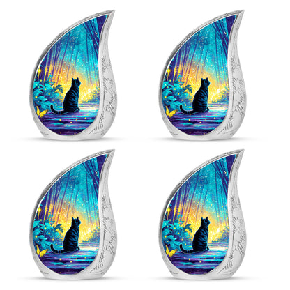 Vivid Teal Cat Cremation Urn close-up of engraving and surface detail - smooth teardrop contour featuring cat art - 10 inch aluminum urn for cremated remains