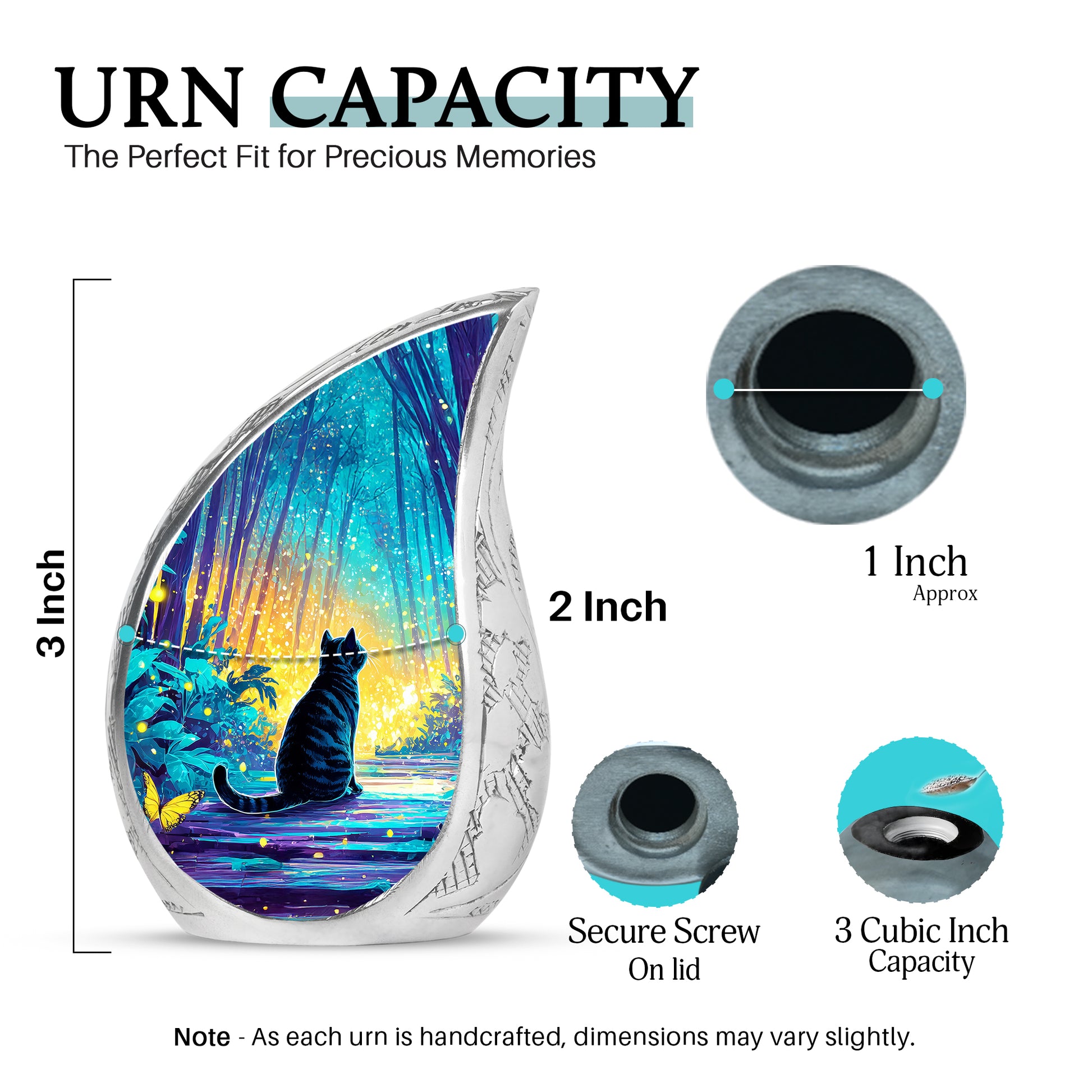 Soft Teal Cat Cremation Urn angled view of lid and engraved motif - rounded teardrop cat design with delicate detail - mini keepsake memorial for portion of cremation ashes