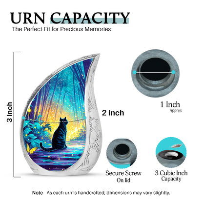 Soft Teal Cat Cremation Urn angled view of lid and engraved motif - rounded teardrop cat design with delicate detail - mini keepsake memorial for portion of cremation ashes