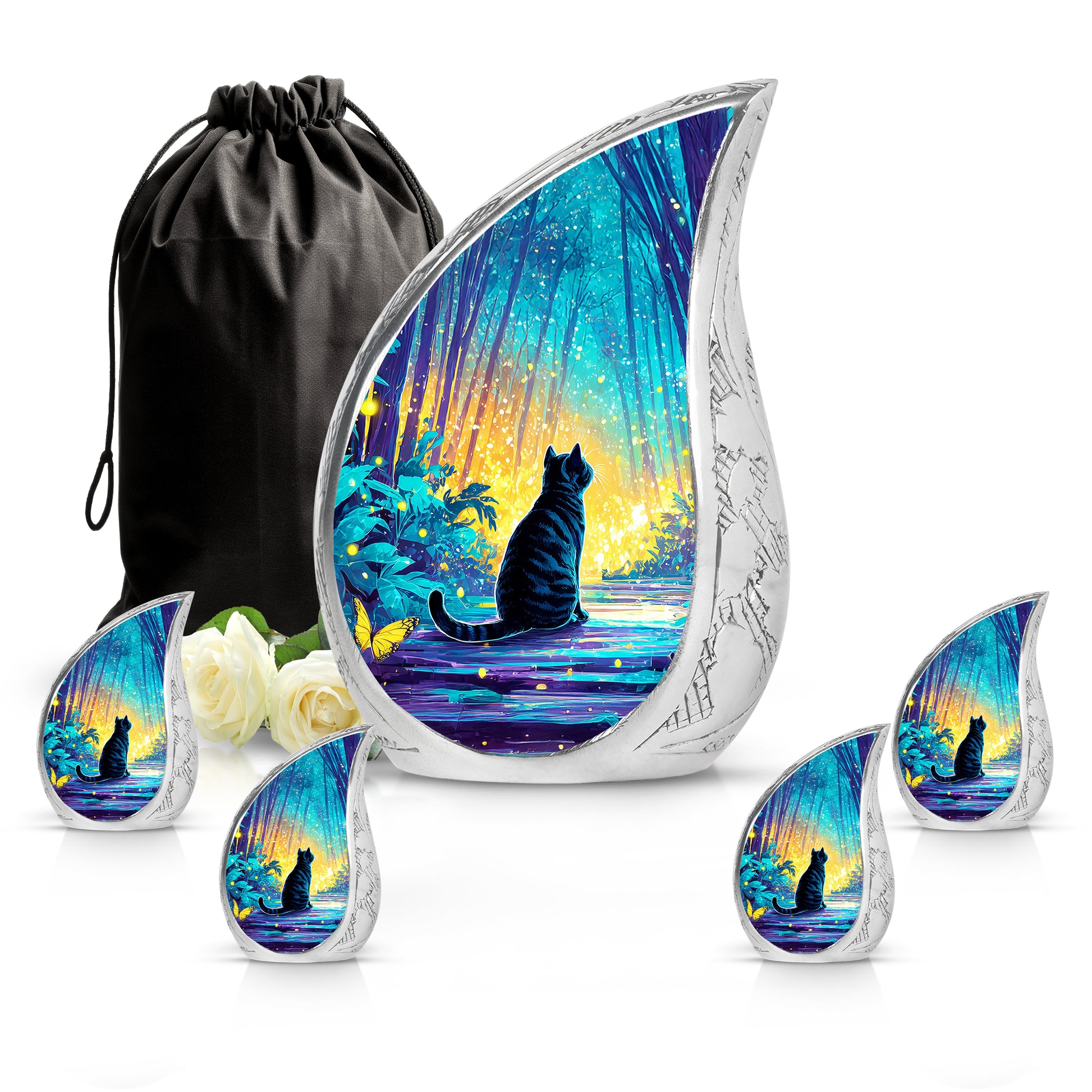 Sea Green Teal Cat Cremation Urn side profile showing urn shape - flowing teardrop cat silhouette on curved aluminum - memorial set with one large and four small urns