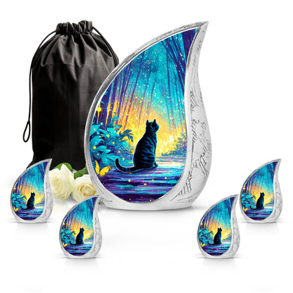 Sea Green Teal Cat Cremation Urn side profile showing urn shape - flowing teardrop cat silhouette on curved aluminum - memorial set with one large and four small urns