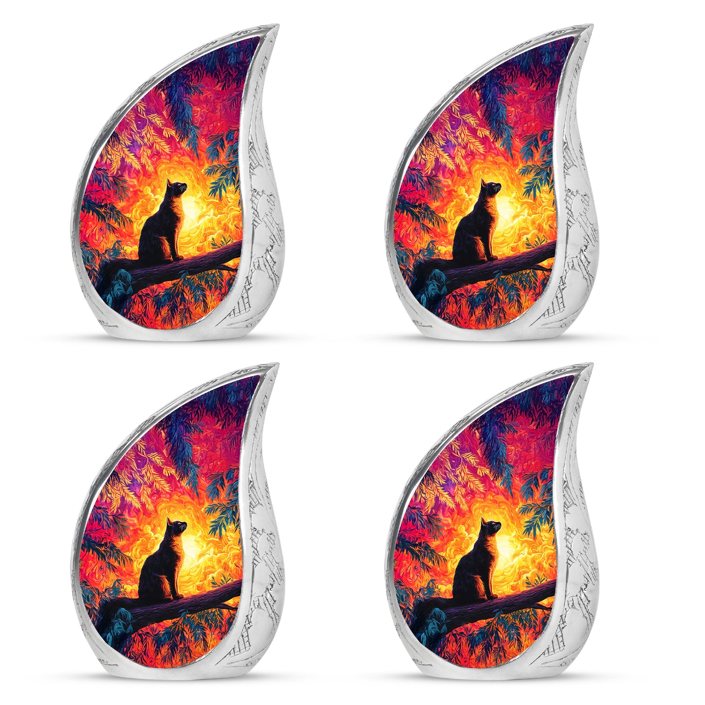 Deep Red Cat Cremation Urn close-up of engraving and surface detail - flowing teardrop cat silhouette on curved aluminum - 10 inch aluminum urn for cremated remains