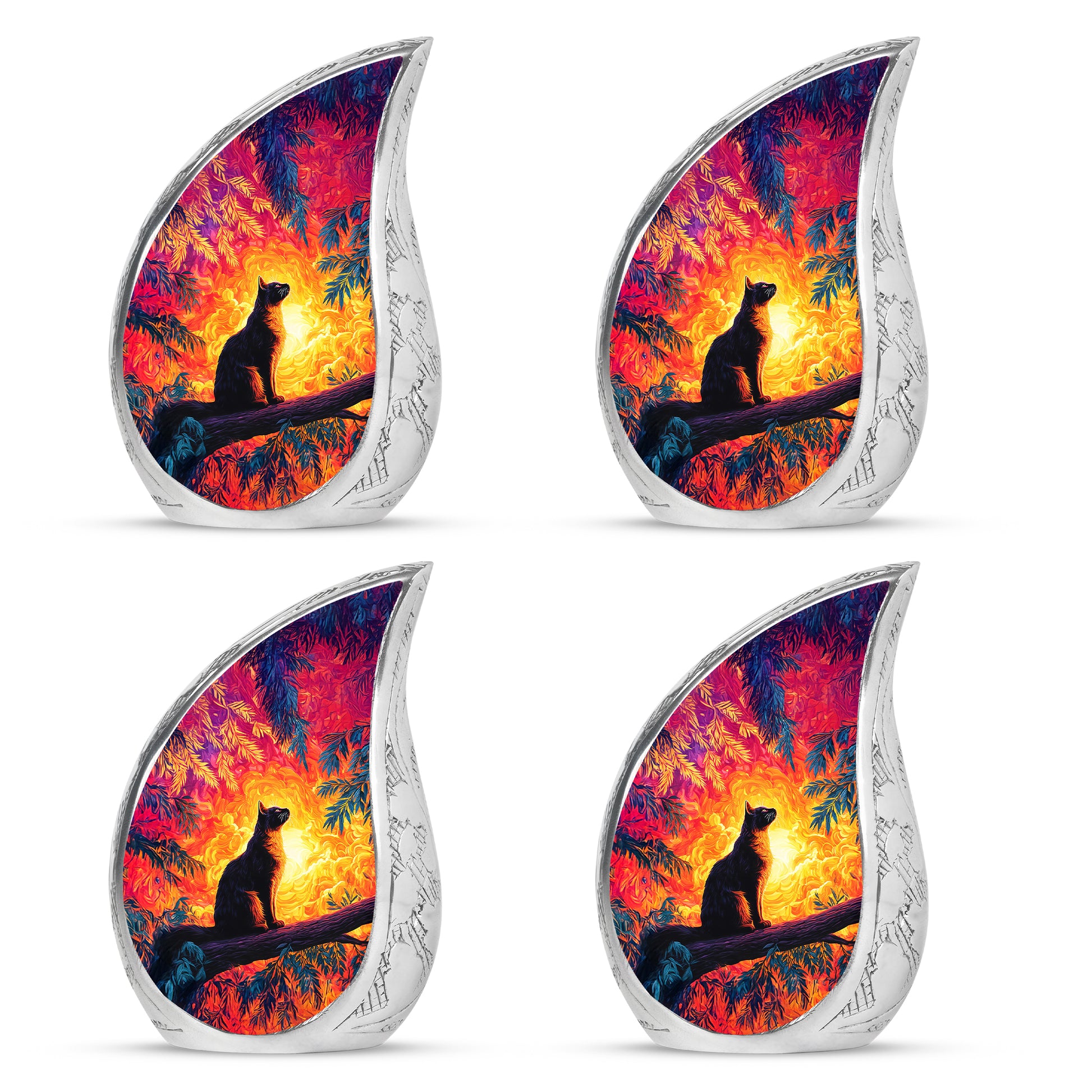 Deep Red Cat Cremation Urn close-up of engraving and surface detail - flowing teardrop cat silhouette on curved aluminum - 10 inch aluminum urn for cremated remains