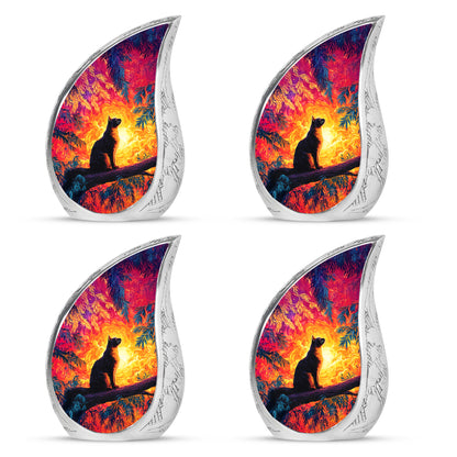 Deep Red Cat Cremation Urn close-up of engraving and surface detail - flowing teardrop cat silhouette on curved aluminum - 10 inch aluminum urn for cremated remains