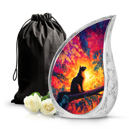 Fiery Red Cat Cremation Urn front view showing detailed design - graceful tear-shaped urn with cat motif - full-size 10 inch 200 cubic inch adult cremation urn