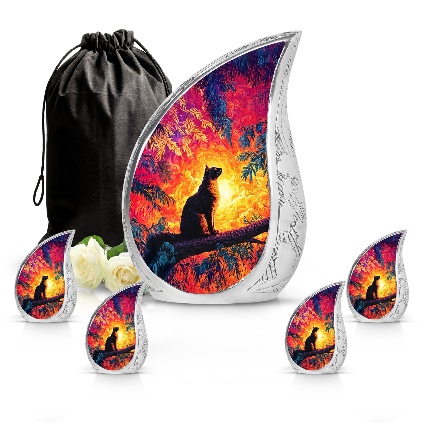 Garnet Red Cat Cremation Urn side profile showing urn shape - flowing teardrop cat silhouette on curved aluminum - memorial set with one large and four small urns
