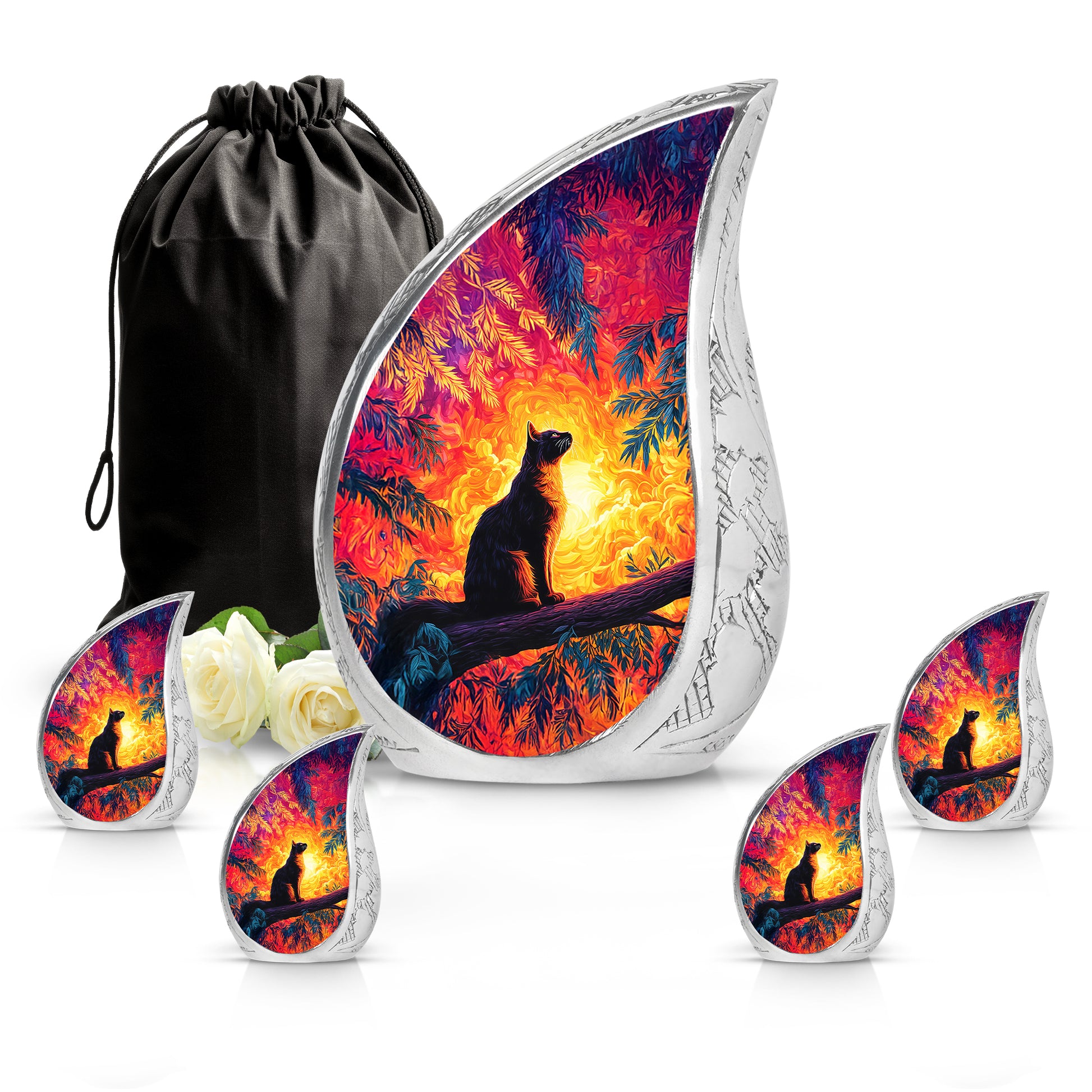Garnet Red Cat Cremation Urn side profile showing urn shape - flowing teardrop cat silhouette on curved aluminum - memorial set with one large and four small urns