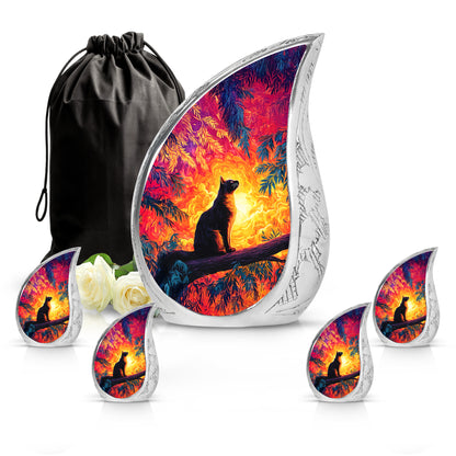 Garnet Red Cat Cremation Urn side profile showing urn shape - flowing teardrop cat silhouette on curved aluminum - memorial set with one large and four small urns