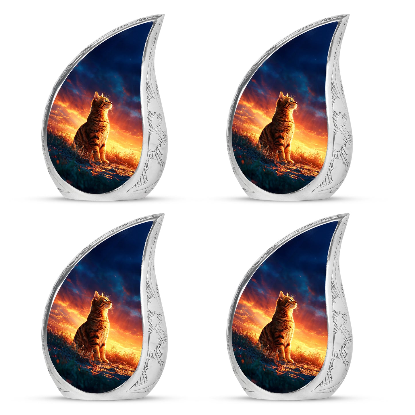 Steel Blue Cat Cremation Urn close-up of engraving and surface detail - smooth teardrop contour featuring cat art - 10 inch aluminum urn for cremated remains