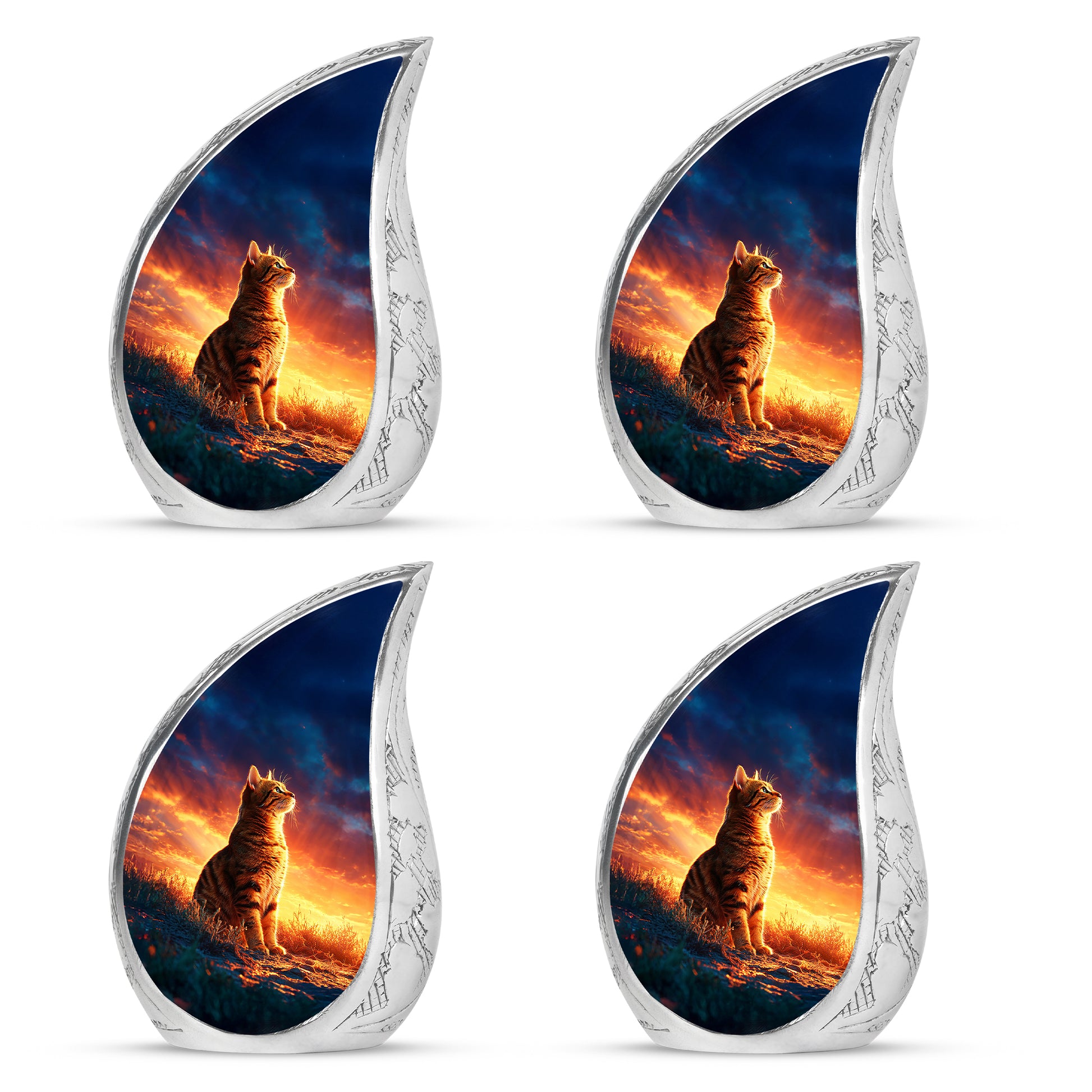 Steel Blue Cat Cremation Urn close-up of engraving and surface detail - smooth teardrop contour featuring cat art - 10 inch aluminum urn for cremated remains