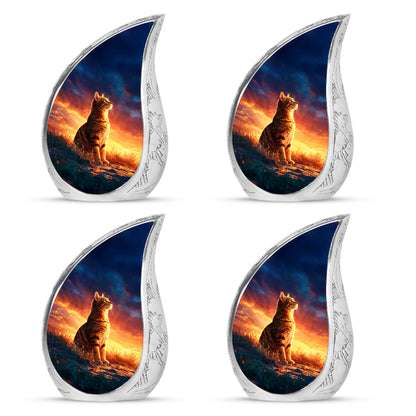Steel Blue Cat Cremation Urn close-up of engraving and surface detail - smooth teardrop contour featuring cat art - 10 inch aluminum urn for cremated remains