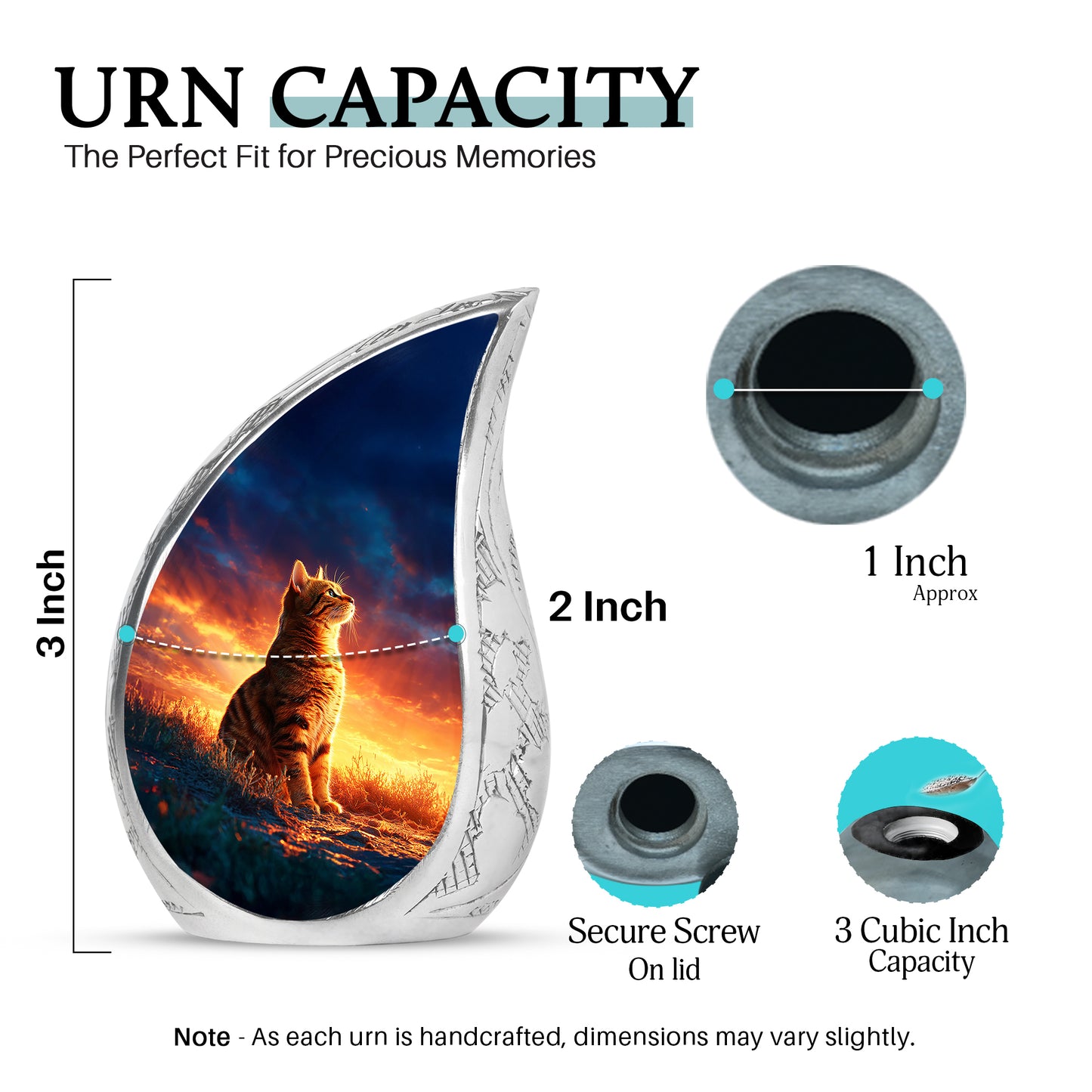 Powder Blue Cat Cremation Urn angled view of lid and engraved motif - flowing teardrop cat silhouette on curved aluminum - mini keepsake memorial for portion of cremation ashes