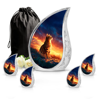 Steel Blue Cat Cremation Urn side profile showing urn shape - graceful tear-shaped urn with cat motif - memorial set with one large and four small urns