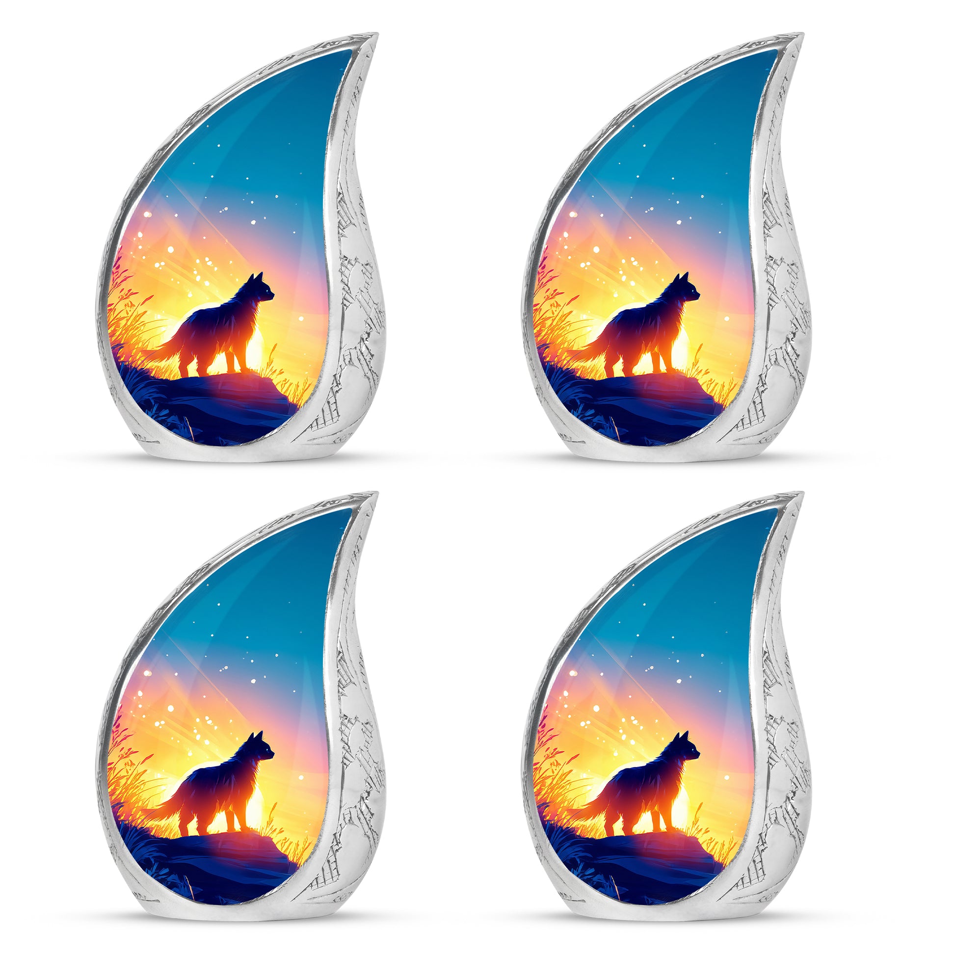 Vivid Blue Cat Cremation Urn close-up of engraving and surface detail - graceful tear-shaped urn with cat motif - 10 inch aluminum urn for cremated remains
