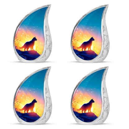 Vivid Blue Cat Cremation Urn close-up of engraving and surface detail - graceful tear-shaped urn with cat motif - 10 inch aluminum urn for cremated remains