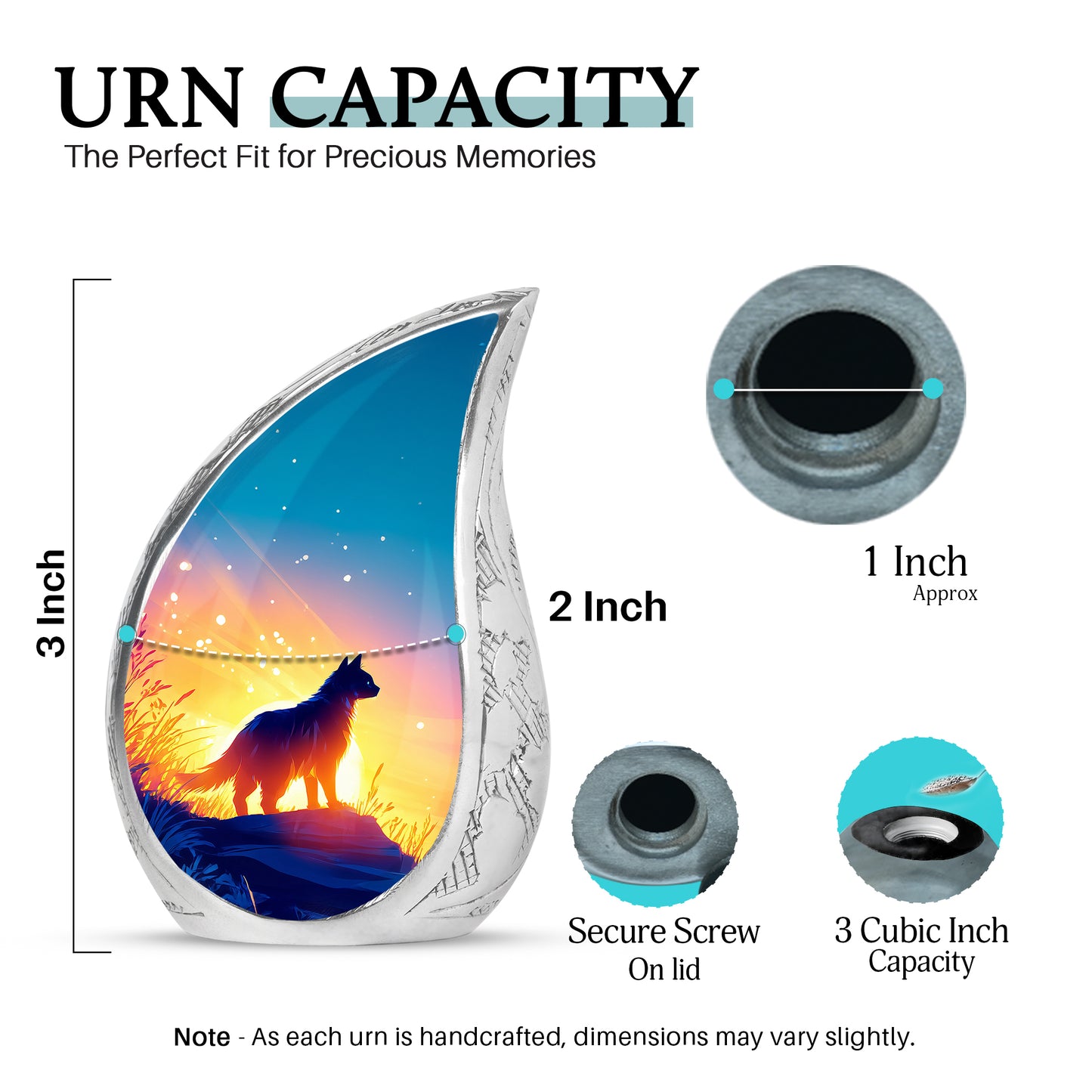 Twilight Blue Cat Cremation Urn angled view of lid and engraved motif - smooth teardrop contour featuring cat art - mini keepsake memorial for portion of cremation ashes