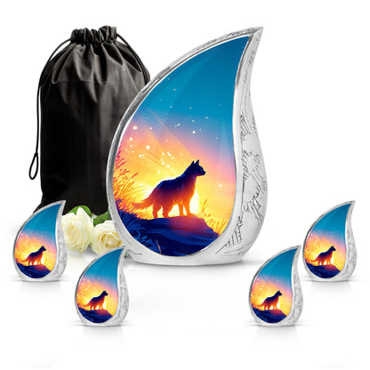 Vivid Blue Cat Cremation Urn side profile showing urn shape - smooth teardrop contour featuring cat art - memorial set with one large and four small urns