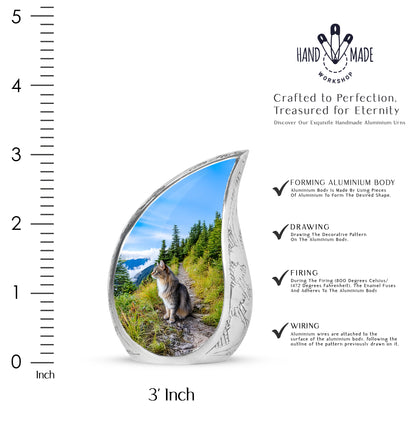 Vivid Blue Cat Cremation Urn angled view of lid and engraved motif - graceful tear-shaped urn with cat motif - mini keepsake memorial for portion of cremation ashes