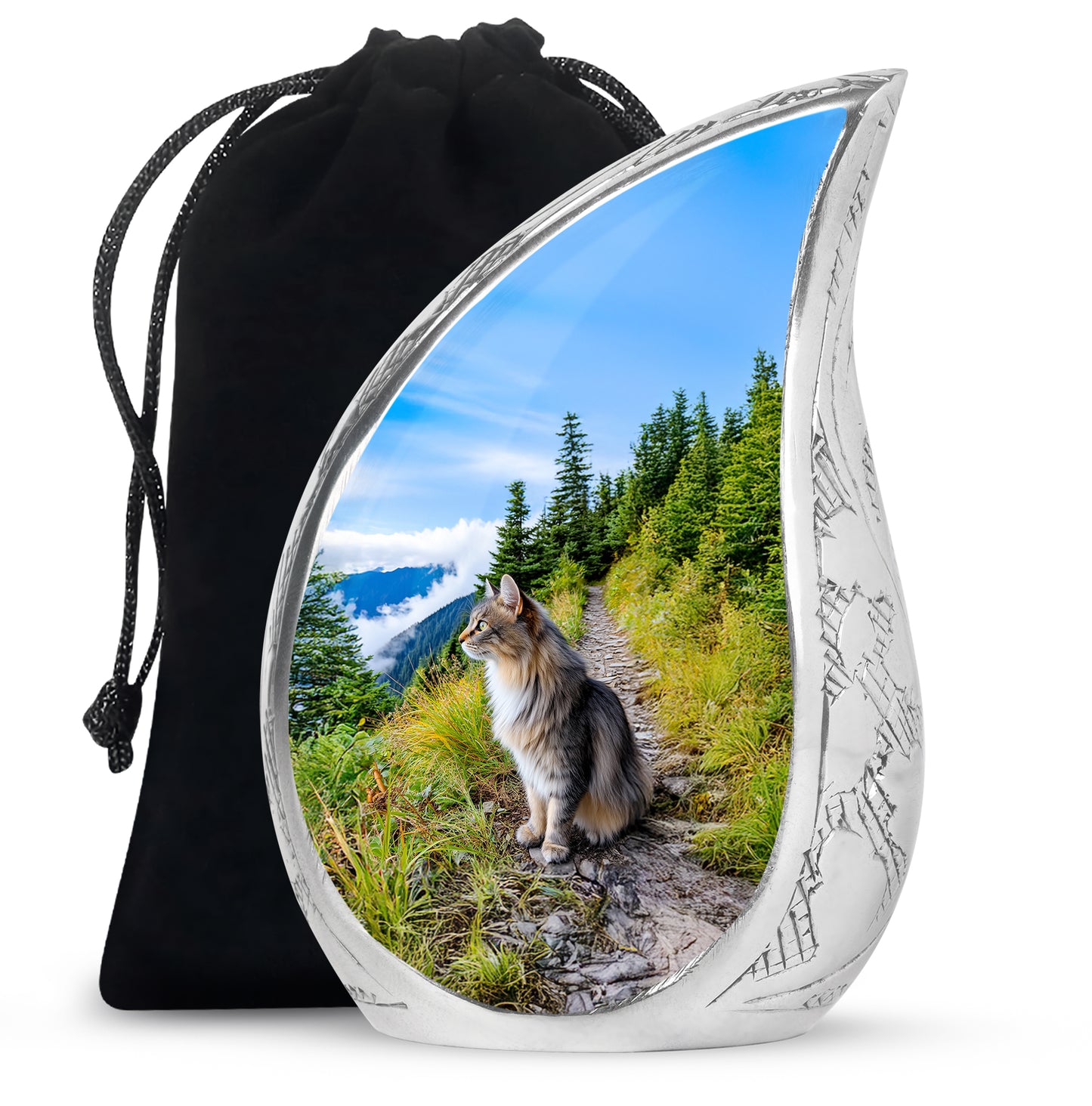 Royal Blue Cat Cremation Urn front view showing detailed design - smooth teardrop contour featuring cat art - full-size 10 inch 200 cubic inch adult cremation urn
