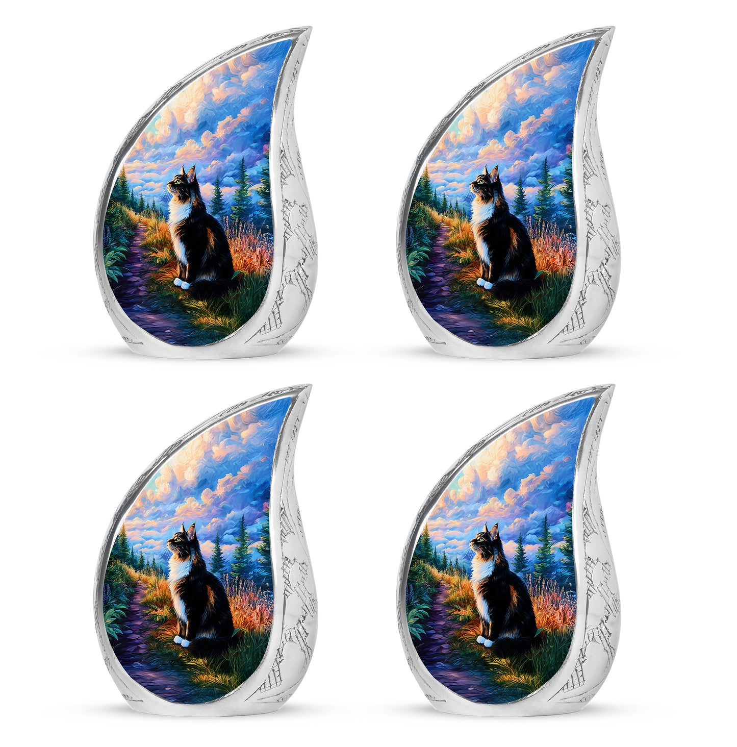 Bright Blue Cat Cremation Urn close-up of engraving and surface detail - smooth teardrop contour featuring cat art - 10 inch aluminum urn for cremated remains