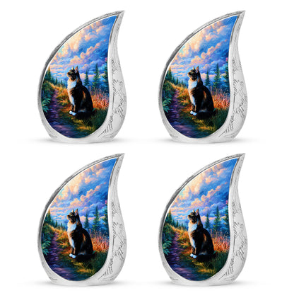 Bright Blue Cat Cremation Urn close-up of engraving and surface detail - smooth teardrop contour featuring cat art - 10 inch aluminum urn for cremated remains