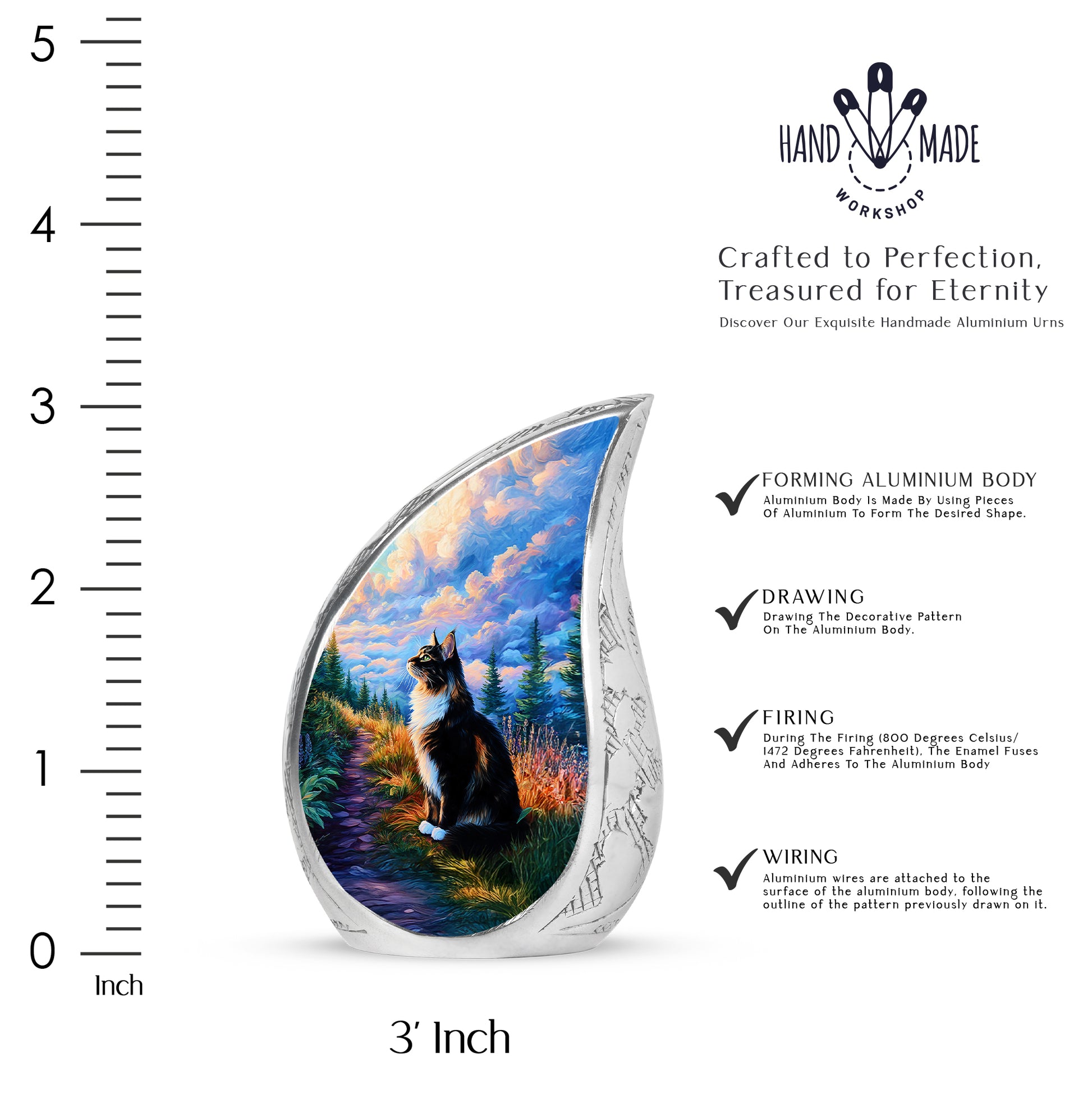 Dusty Blue Cat Cremation Urn angled view of lid and engraved motif - rounded teardrop cat design with delicate detail - mini keepsake memorial for portion of cremation ashes
