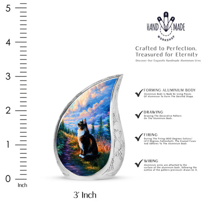 Dusty Blue Cat Cremation Urn angled view of lid and engraved motif - rounded teardrop cat design with delicate detail - mini keepsake memorial for portion of cremation ashes
