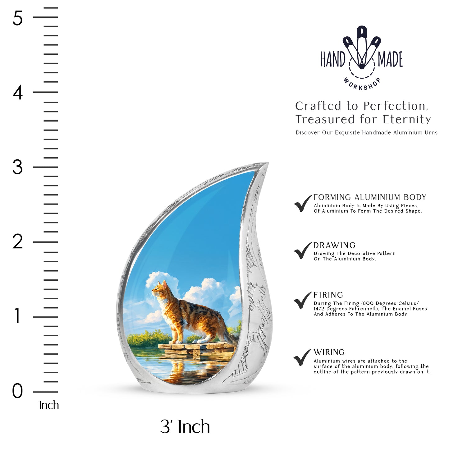Steel Blue Cat Cremation Urn angled view of lid and engraved motif - smooth teardrop contour featuring cat art - mini keepsake memorial for portion of cremation ashes
