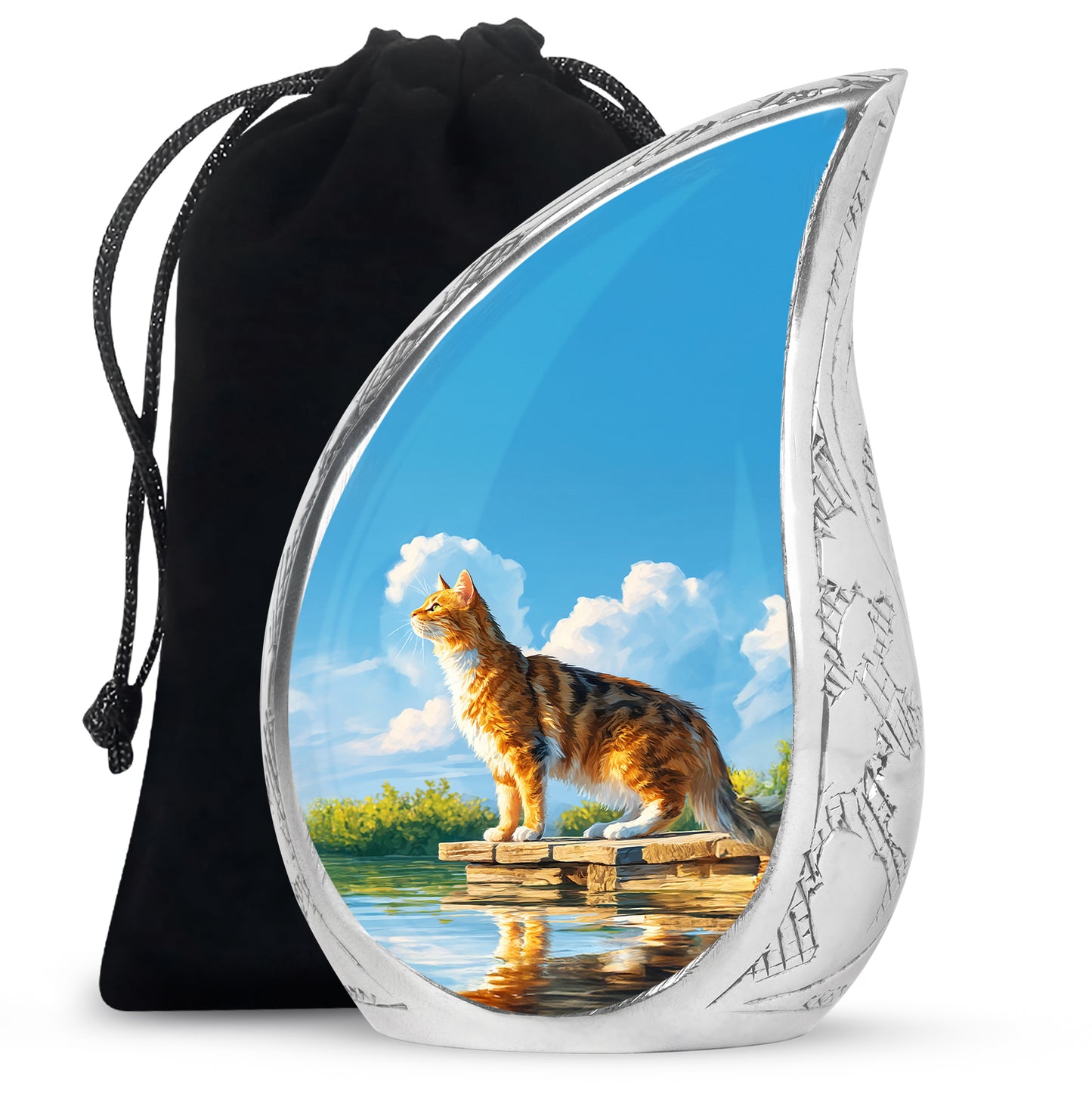 Soft Blue Cat Cremation Urn front view showing detailed design - graceful tear-shaped urn with cat motif - full-size 10 inch 200 cubic inch adult cremation urn