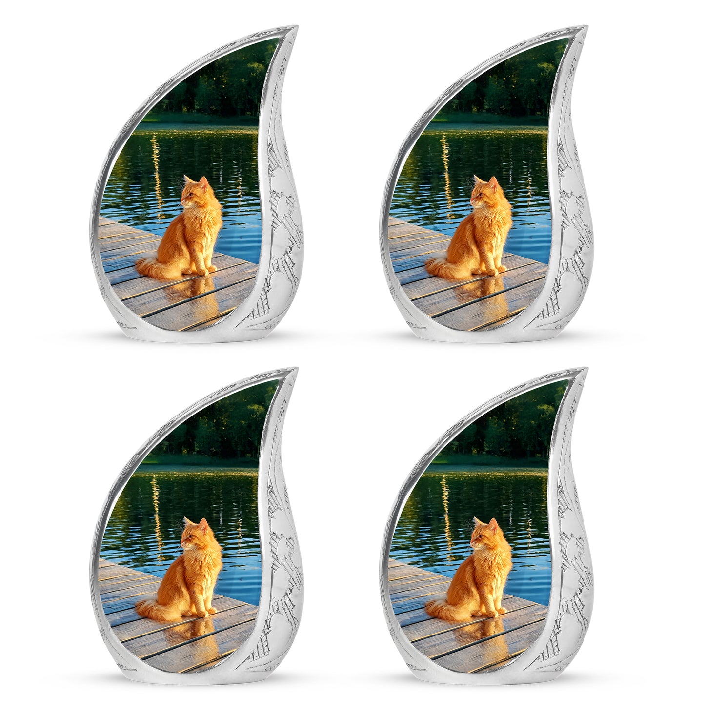 Mint Green Cat Cremation Urn close-up of engraving and surface detail - smooth teardrop contour featuring cat art - 10 inch aluminum urn for cremated remains