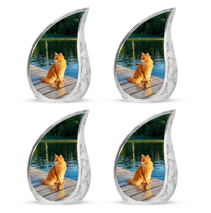 Mint Green Cat Cremation Urn close-up of engraving and surface detail - smooth teardrop contour featuring cat art - 10 inch aluminum urn for cremated remains