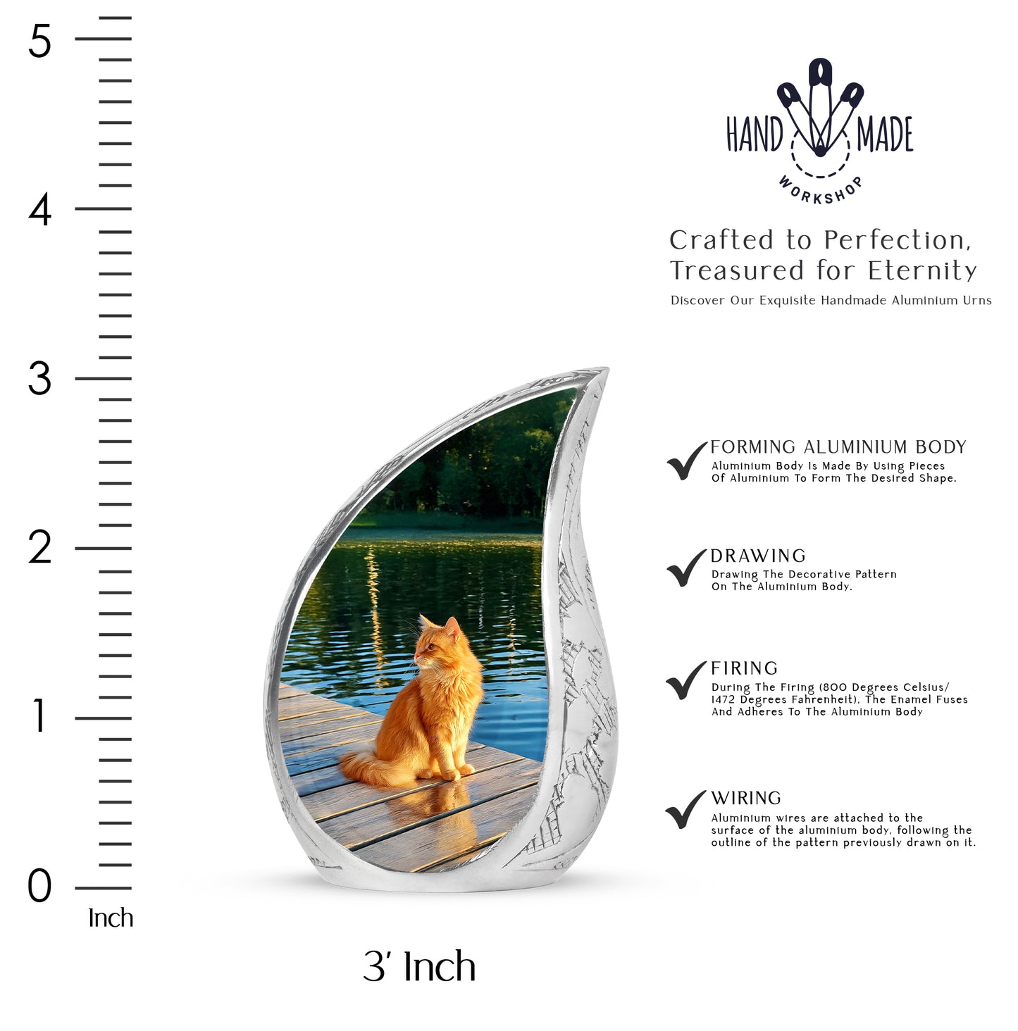 Sage Green Cat Cremation Urn angled view of lid and engraved motif - flowing teardrop cat silhouette on curved aluminum - mini keepsake memorial for portion of cremation ashes
