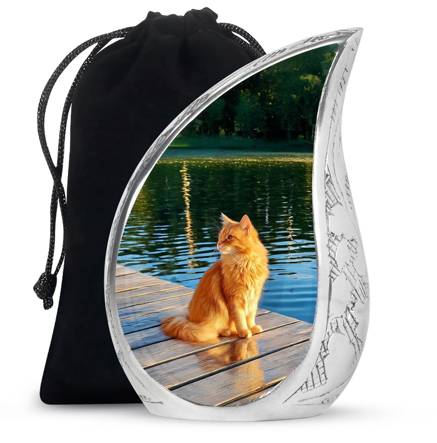 Mint Green Cat Cremation Urn front view showing detailed design - smooth teardrop contour featuring cat art - full-size 10 inch 200 cubic inch adult cremation urn
