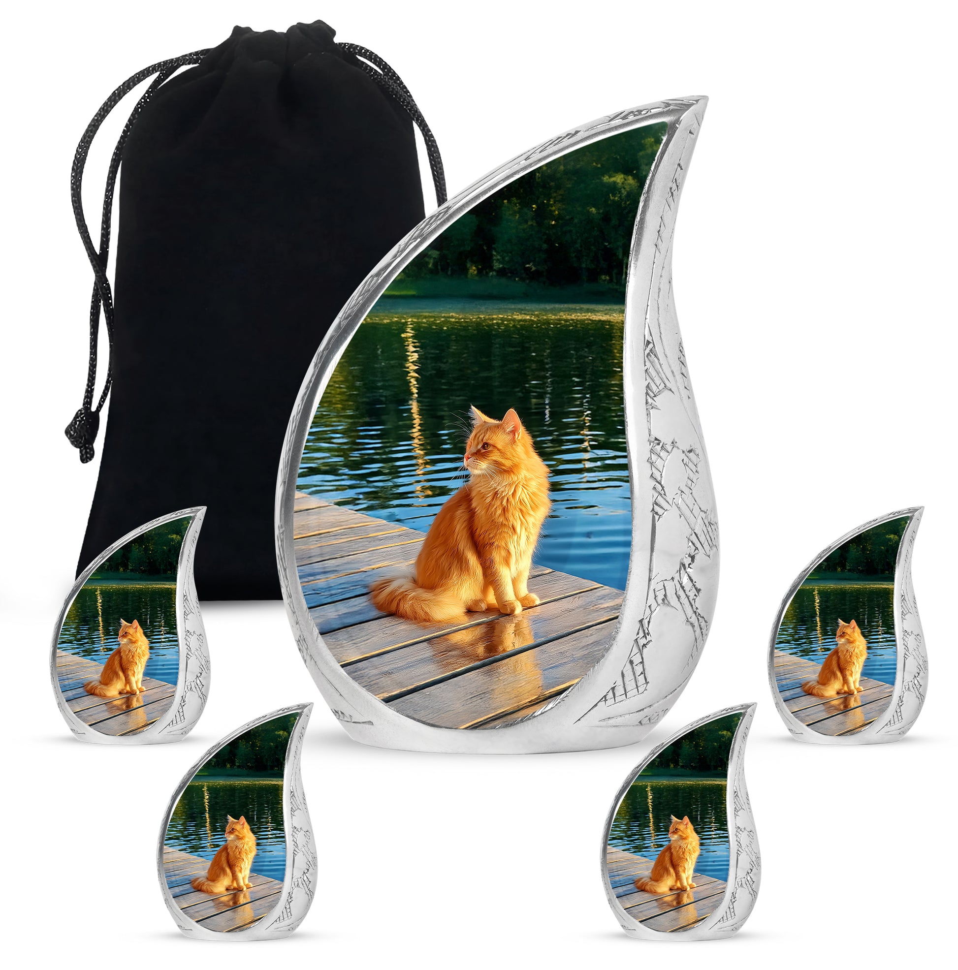 Sage Green Cat Cremation Urn side profile showing urn shape - flowing teardrop cat silhouette on curved aluminum - memorial set with one large and four small urns