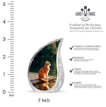 Deep Black Cat Cremation Urn angled view of lid and engraved motif - flowing teardrop cat silhouette on curved aluminum - mini keepsake memorial for portion of cremation ashes