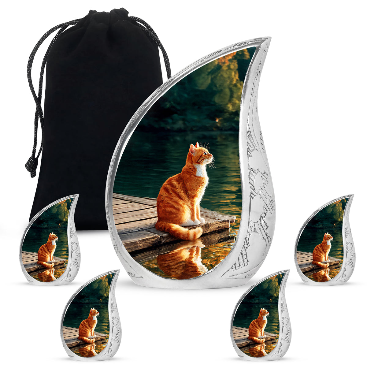 Jet Black Cat Cremation Urn side profile showing urn shape - flowing teardrop cat silhouette on curved aluminum - memorial set with one large and four small urns