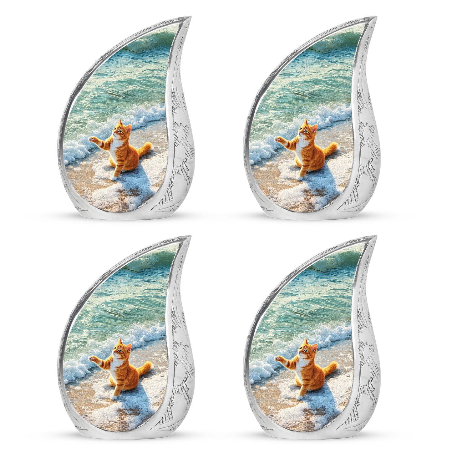 Emerald Green Cat Cremation Urn close-up of engraving and surface detail - flowing teardrop cat silhouette on curved aluminum - 10 inch aluminum urn for cremated remains