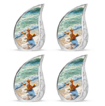 Emerald Green Cat Cremation Urn close-up of engraving and surface detail - flowing teardrop cat silhouette on curved aluminum - 10 inch aluminum urn for cremated remains