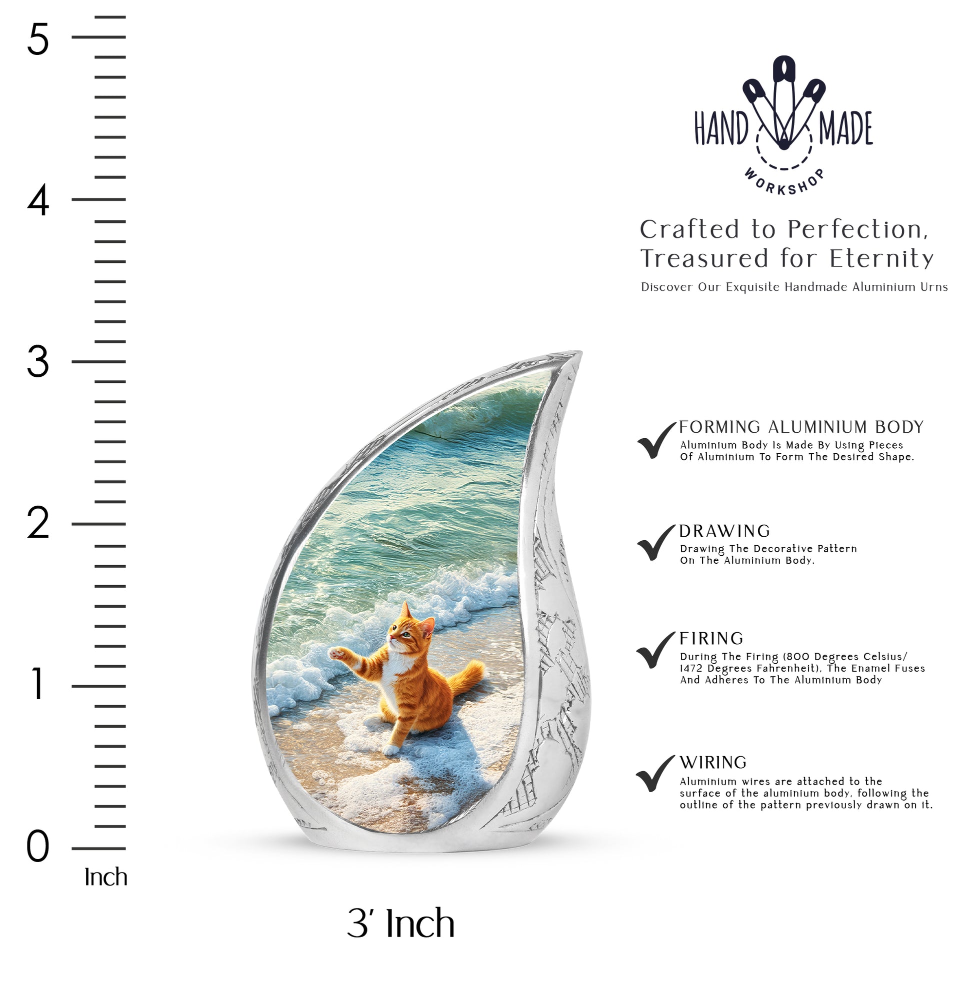 Verdant Green Cat Cremation Urn angled view of lid and engraved motif - flowing teardrop cat silhouette on curved aluminum - mini keepsake memorial for portion of cremation ashes