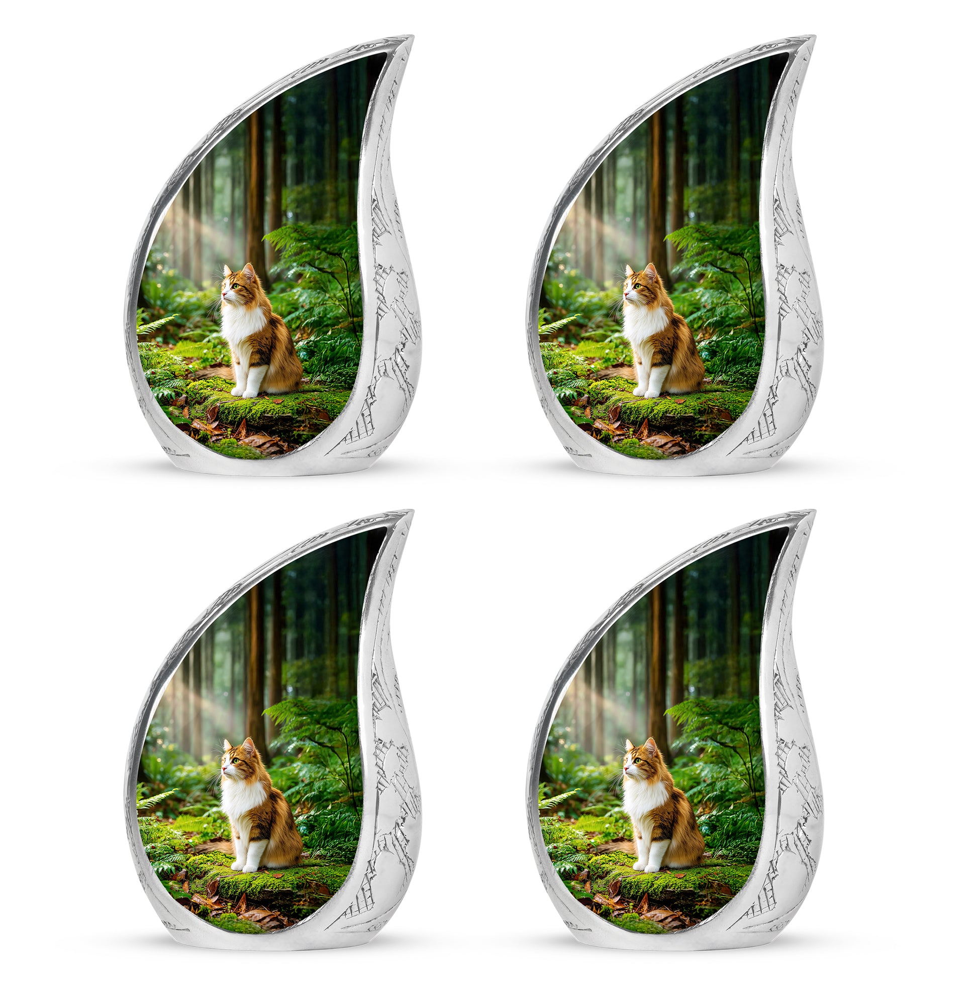 Sunrise Gold Cat Cremation Urn close-up of engraving and surface detail - rounded teardrop cat design with delicate detail - 10 inch aluminum urn for cremated remains