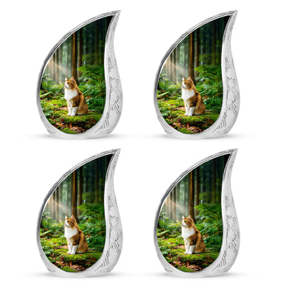 Sunrise Gold Cat Cremation Urn close-up of engraving and surface detail - rounded teardrop cat design with delicate detail - 10 inch aluminum urn for cremated remains