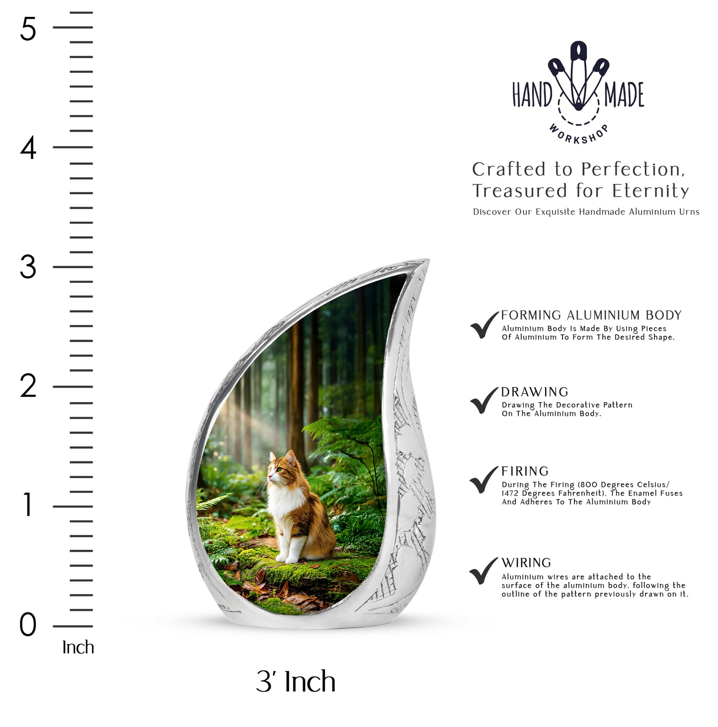 Harvest Gold Cat Cremation Urn angled view of lid and engraved motif - smooth teardrop contour featuring cat art - mini keepsake memorial for portion of cremation ashes
