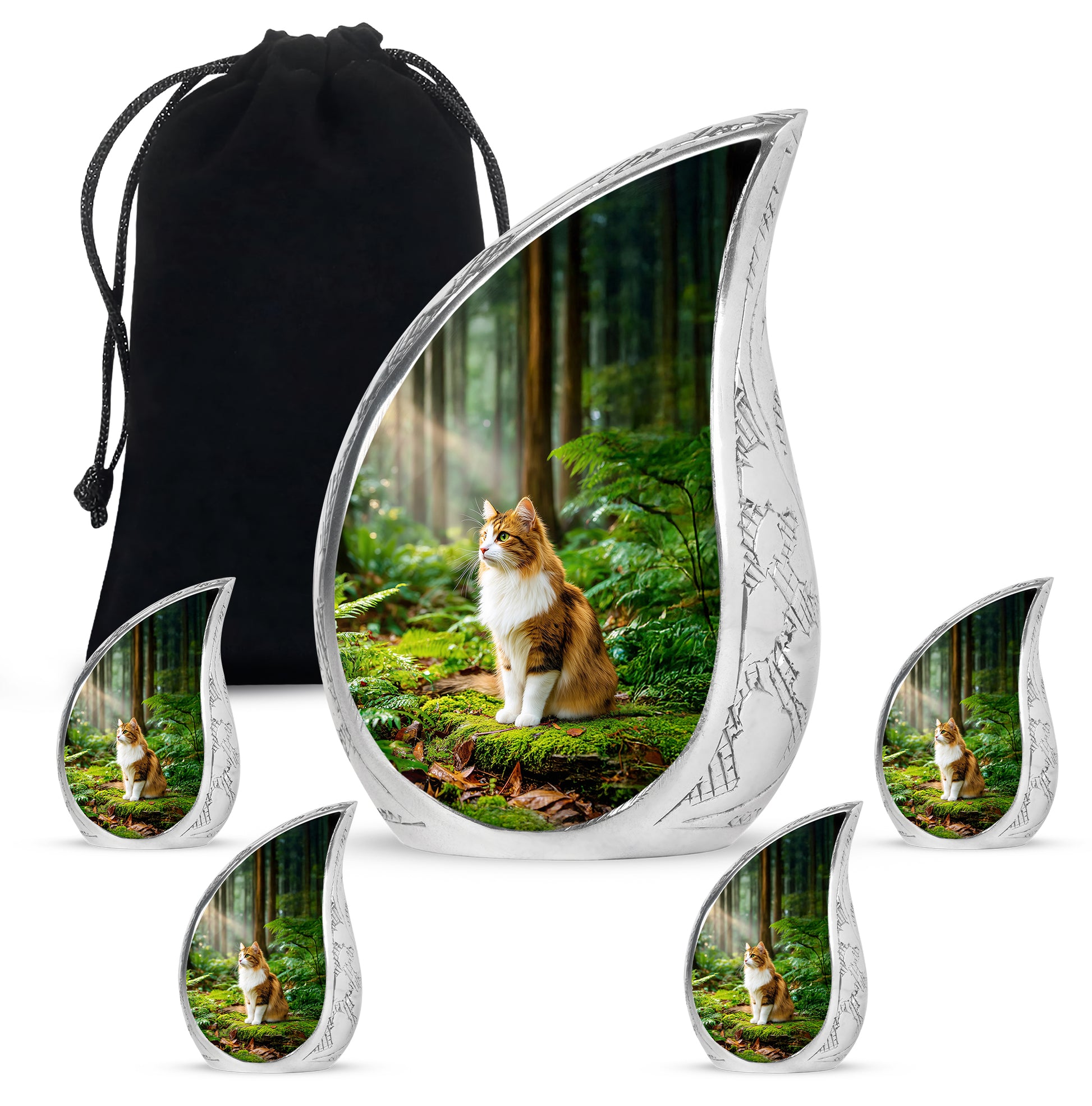 Harvest Gold Cat Cremation Urn side profile showing urn shape - smooth teardrop contour featuring cat art - memorial set with one large and four small urns