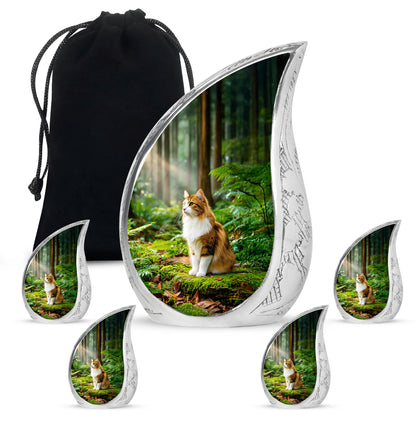 Harvest Gold Cat Cremation Urn side profile showing urn shape - smooth teardrop contour featuring cat art - memorial set with one large and four small urns