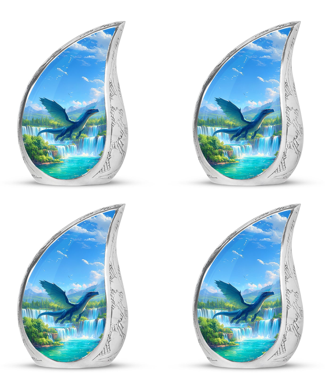Calming Blue Dragon Cremation Urn close-up of engraving and surface detail - graceful tear-shaped urn with dragon motif - 10 inch aluminum urn for cremated remains