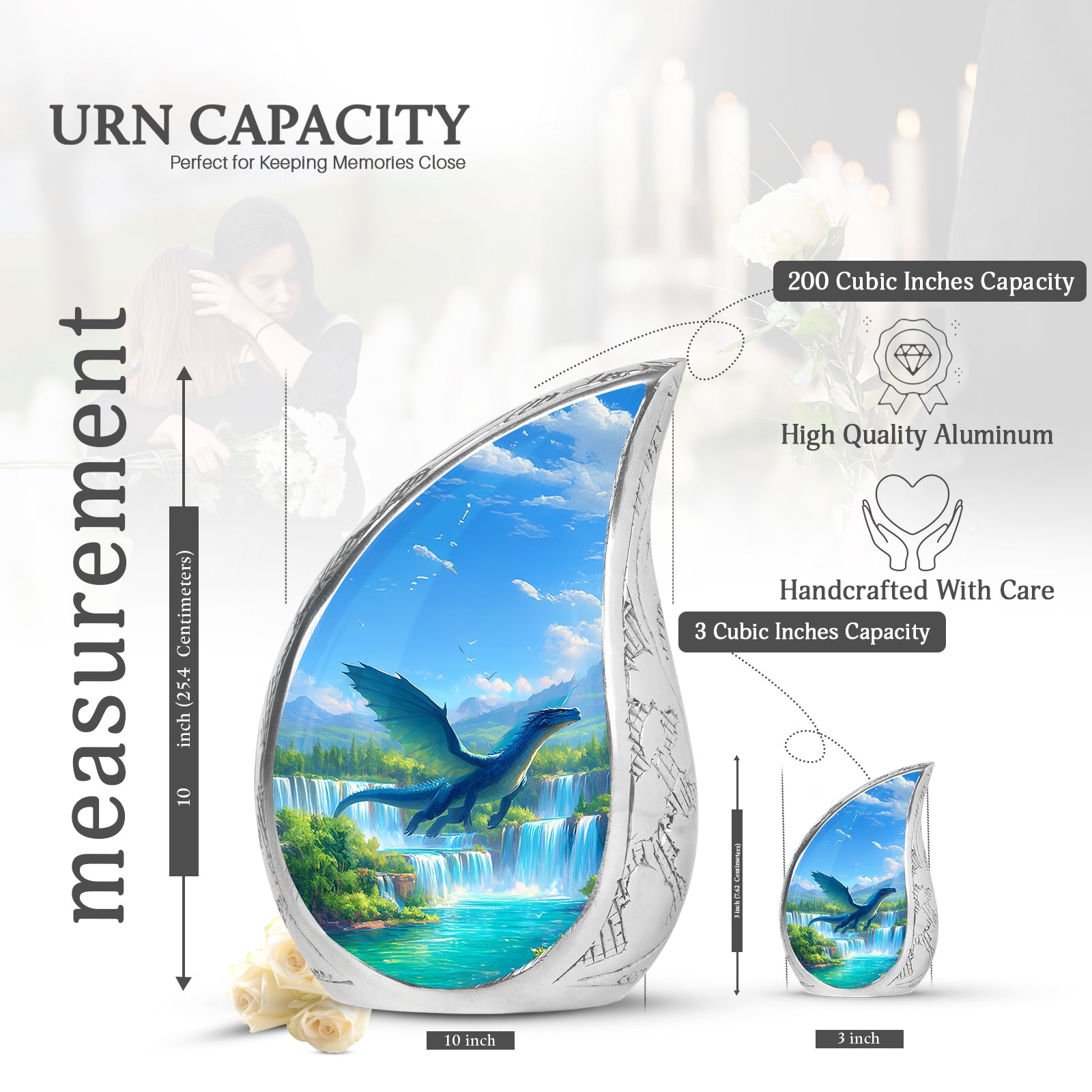 Sapphire Blue Dragon Cremation Urn angled view of lid and engraved motif - graceful tear-shaped urn with dragon motif - mini keepsake memorial for portion of cremation ashes