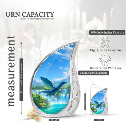 Sapphire Blue Dragon Cremation Urn angled view of lid and engraved motif - graceful tear-shaped urn with dragon motif - mini keepsake memorial for portion of cremation ashes