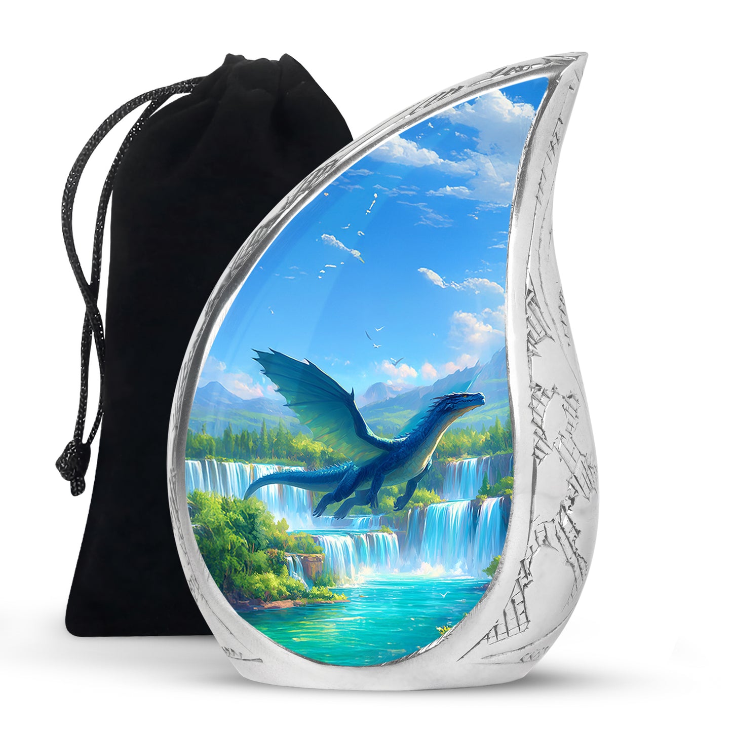 Royal Blue Dragon Cremation Urn front view showing detailed design - graceful tear-shaped urn with dragon motif - full-size 10 inch 200 cubic inch adult cremation urn